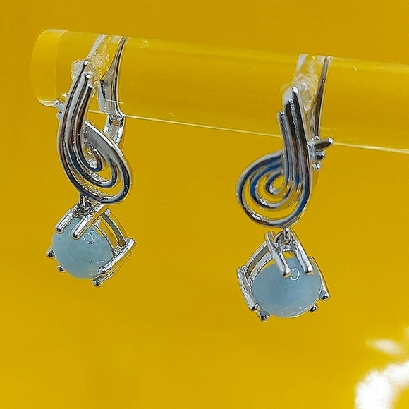 Natural Aquamarine 7mm 14K White Gold on 925 Sterling Silver Earrings - Picture 5 of 6